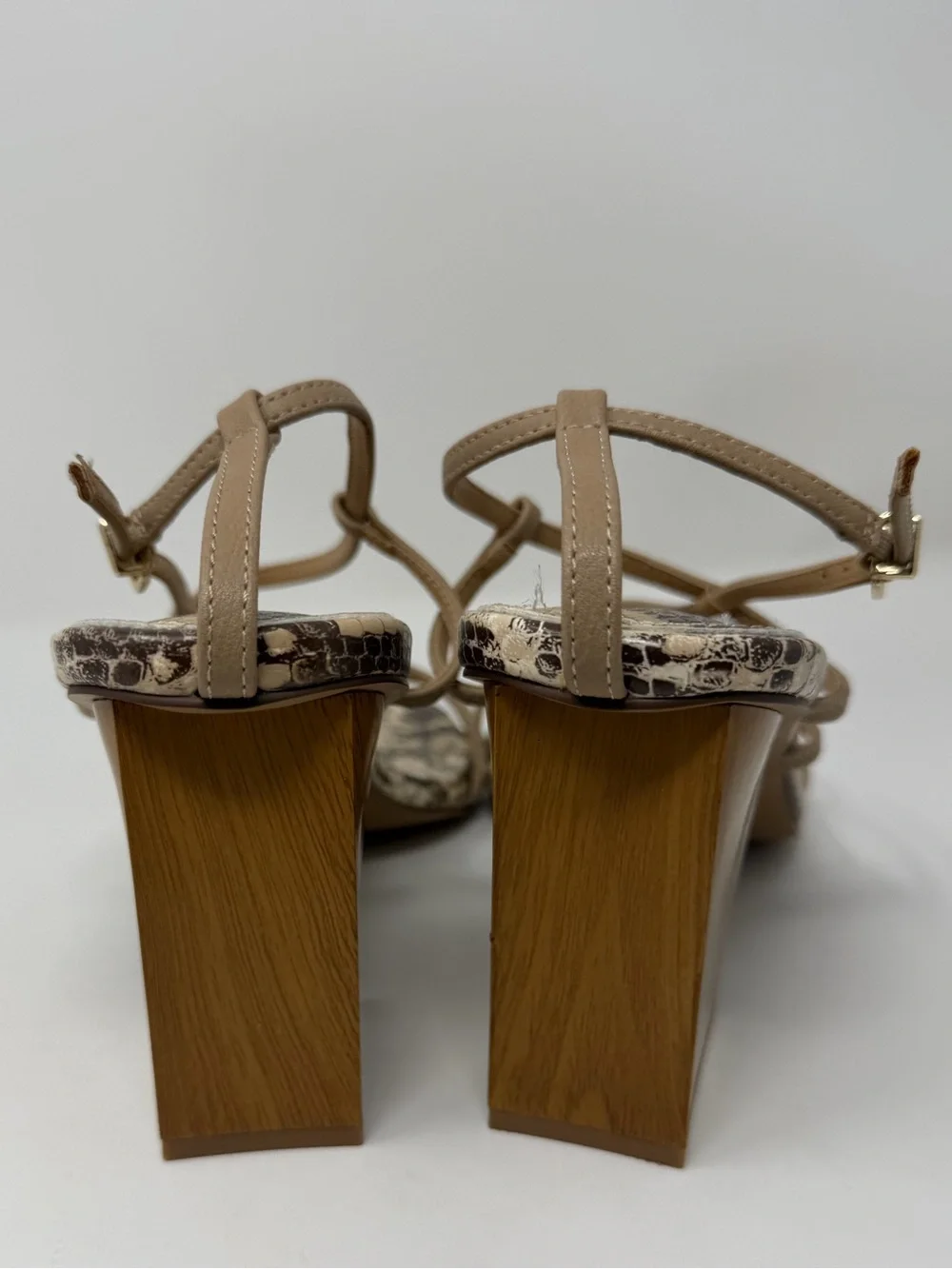 Women's Express Taupe Snakeskin Print Strappy Block Heel Sandals